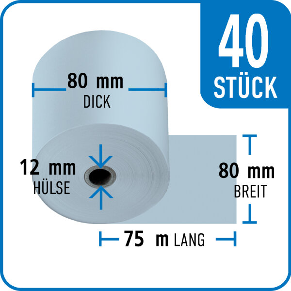 Bonrollen BLUE4EST, 80 mm / 80 mm / 12 mm / 75 m / 40 Stück /Karton