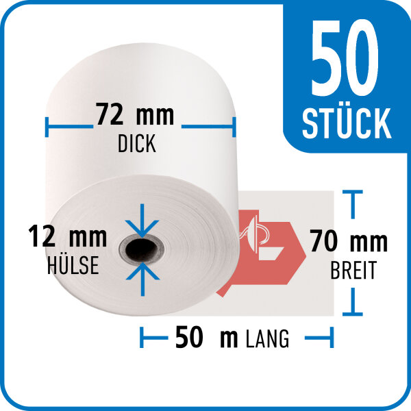Bonrollen APOTHEKE, Normalpapier, 70 mm / 72 mm / 12 mm / 50 m / 50 Stück /Karton
