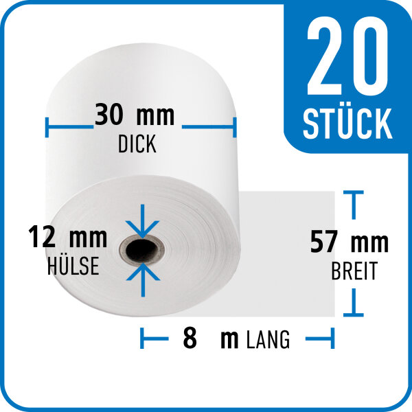 Bonrollen Thermopapier, 57 mm / 30 mm / 12 mm / 8 m / 20 Stück /Karton