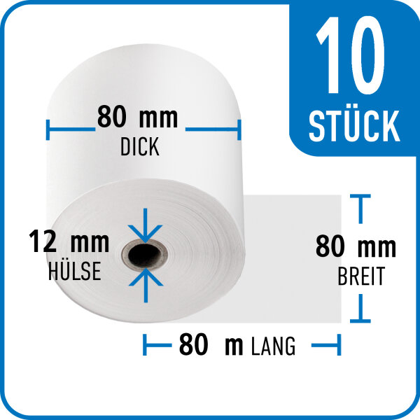 Bonrollen Thermopapier, 80 mm / 80 mm / 12 mm / 80 m / 55 gr. / 10 Stück /Karton