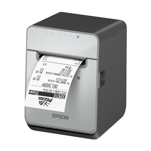 Epson TM-L100, UK, 8 Punkte/mm (203dpi), Cutter, linerless, USB, Lightning, BT, Ethernet, schwarz